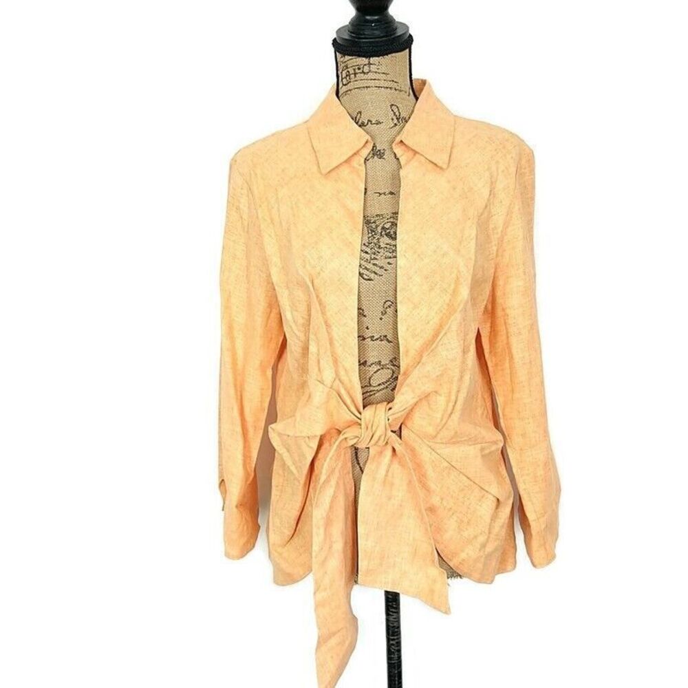 NWT Mishca Womens sz L Top Orange Linen Blend‎ Open Tie Front Long Sleeve Collar